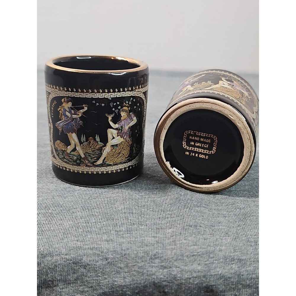 Vintage Greece Shot Glasses Black 24k Gold Set Of 2‎ Handmade